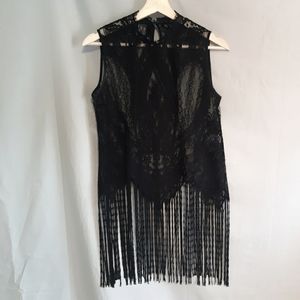 Zara | Black sheer lace sleeveless top with fringe